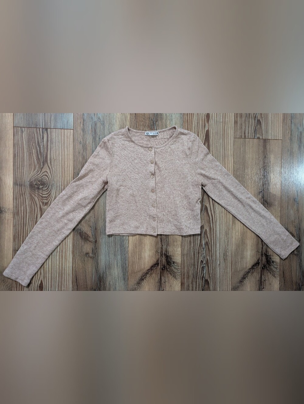 Zara Tan Beige Knit Long Sleeve Button Front Cropped Cardigan Sweater Medium